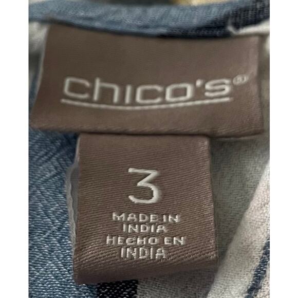 CHICO'S LONG BELL RAGLAN SLV BUTTON DOWN V-NECK BLOUSE, BLUE PINK BLACK STRIPE - Picture 9 of 11